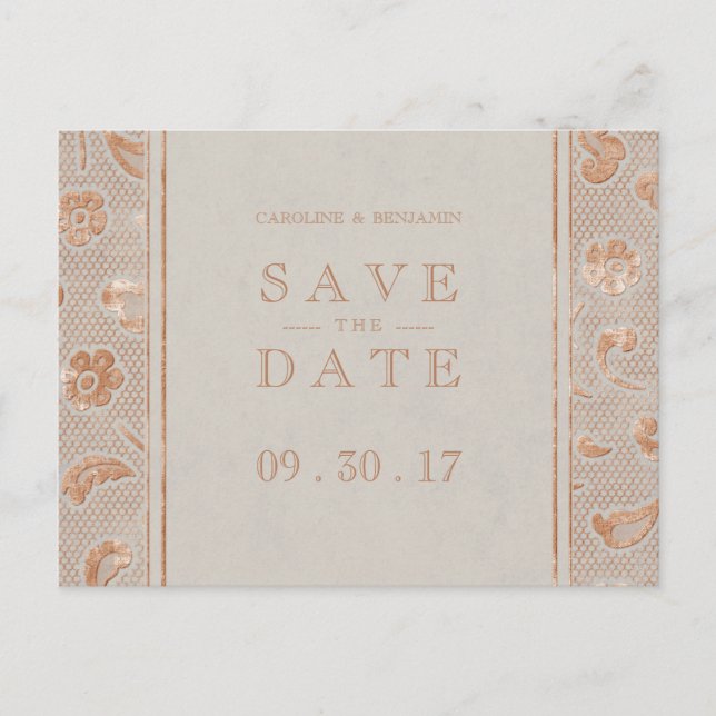 Postal De Anuncios Boda rústica de Kraft gold Lace salva la fecha (Anverso)