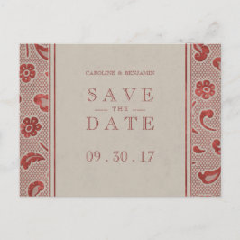 Postal De Anuncios Boda rústica de Kraft red Lace salva la fecha