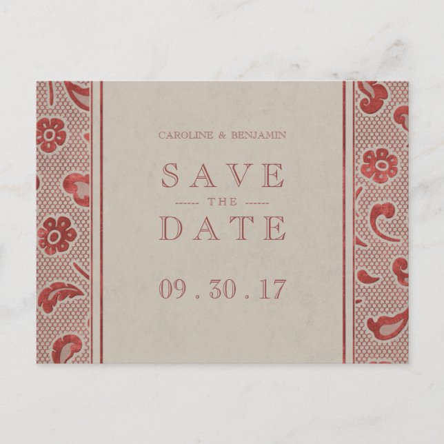 Postal De Anuncios Boda rústica de Kraft red Lace salva la fecha (Anverso)