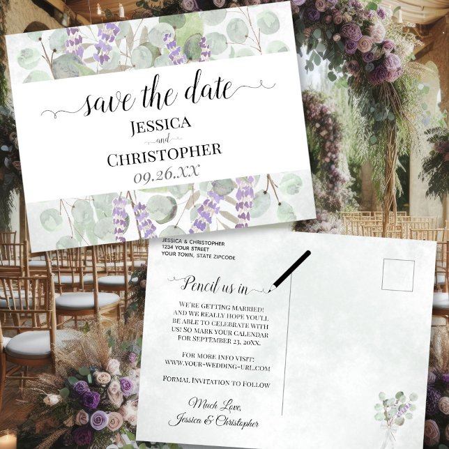 Postal De Anuncios Boda Rústica de Lavanda y Eucalipto Guarden la Fec (Front/Back)