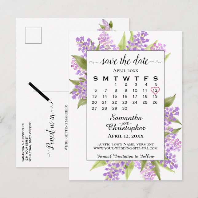 Postal De Anuncios Boda rústica de Lilacs Guardar el calendario de fe (Anverso / Reverso)