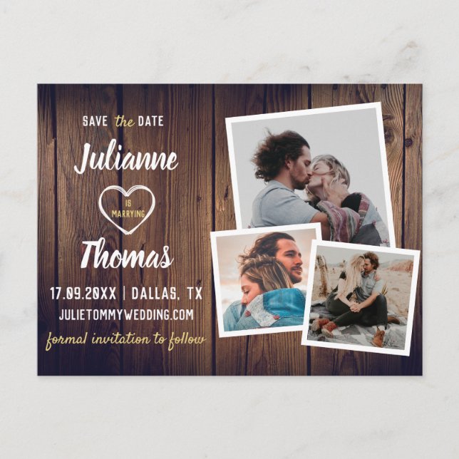 Postal De Anuncios Boda Rústica de Madera Colaje de Fotos Presupuesto (Anverso)