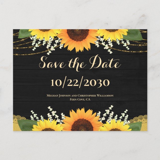 Postal De Anuncios Boda Rústica de Madera Negra y Girasoles Ahorra la (Anverso)