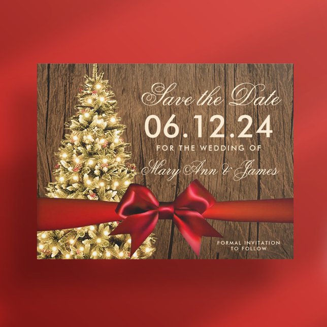 Postal De Anuncios Boda Rústica de Navidad Guardar Fecha Árbol y Cint (Rustic Christmas Wedding Save Date Tree & Ribbon Announcement Postcard)