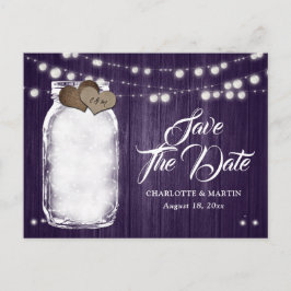 Postal De Anuncios Boda Rústica en Púrpura - Frasco de Vidrio para Gu