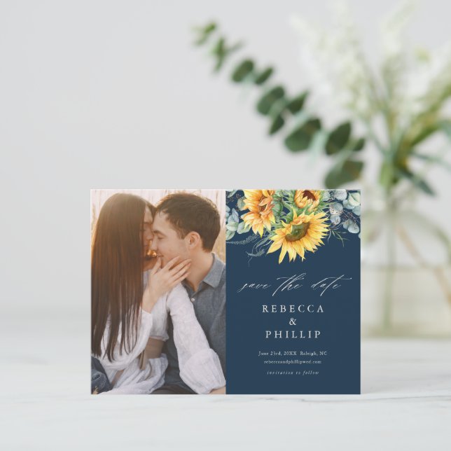 Postal De Anuncios Boda Rústica Girasol Eucalipto Save The Date (Anverso de pie)