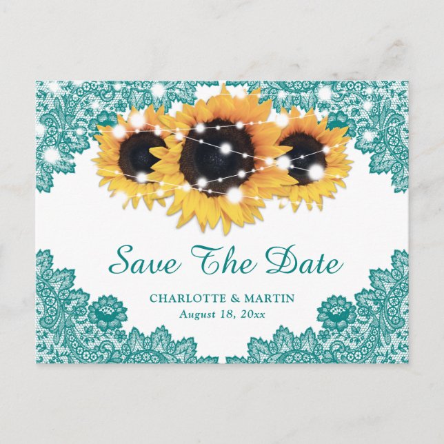 Postal De Anuncios Boda Rústica Girasoles Teal Save The Date (Anverso)