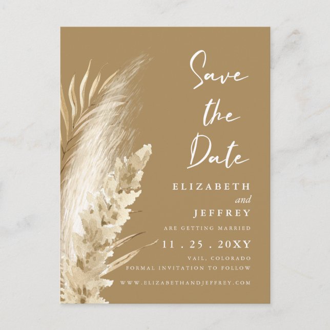 Postal De Anuncios Boda Rústica Neutral Terrosa Boho Hierba de Pampas (Anverso)