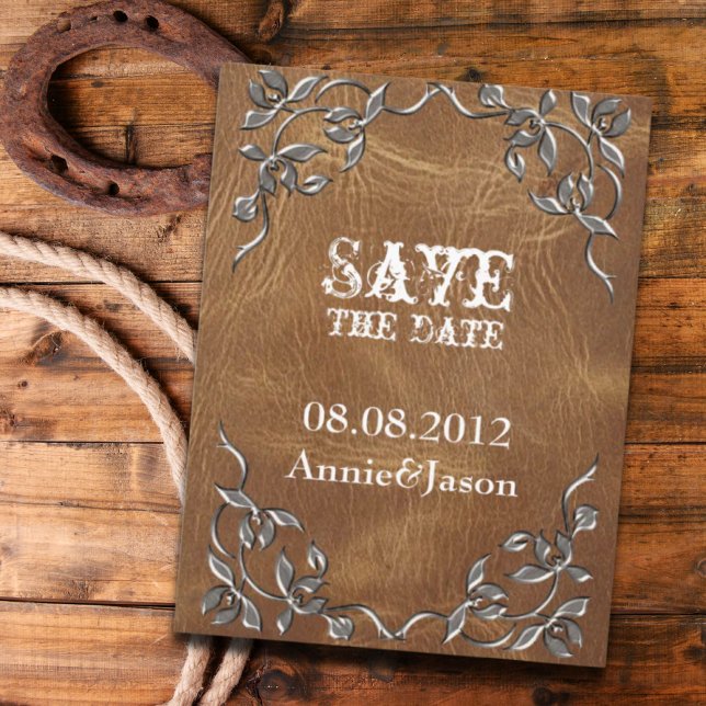 Postal De Anuncios Boda rústica occidental de cuero guardar la fecha (rustic Western Leather Wedding save the date Announcement Postcard)