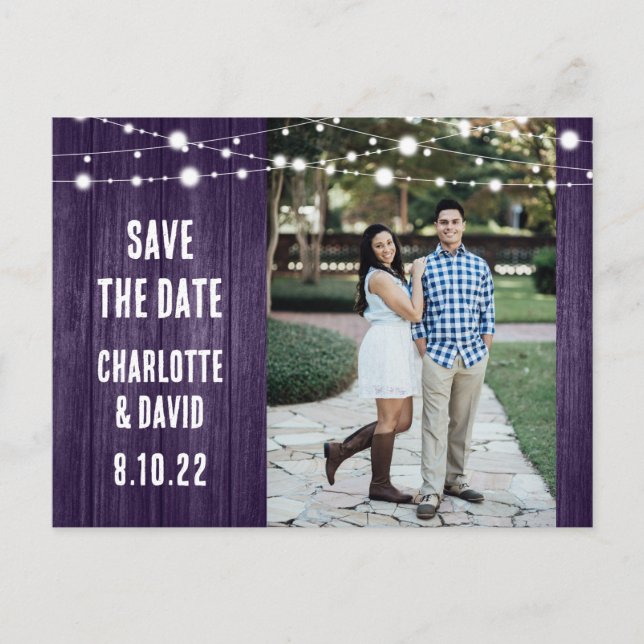 Postal De Anuncios Boda Rustica Púrpura Salva La Foto De La Fecha (Anverso)