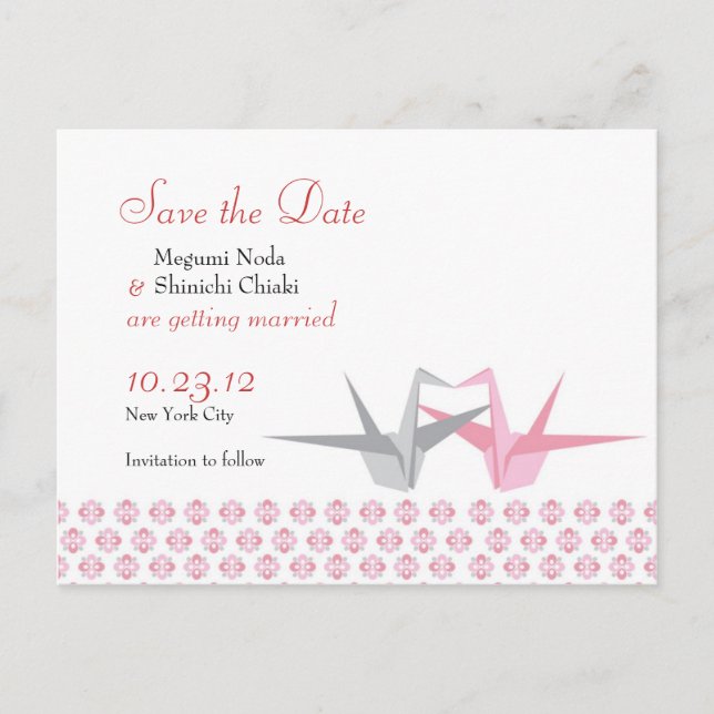 Postal De Anuncios Boda S de grullas (Plata Rosa) (Anverso)