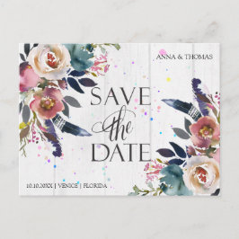 Postal De Anuncios Boda Salva Las Fechas | Boho Blue & Misty Rosa