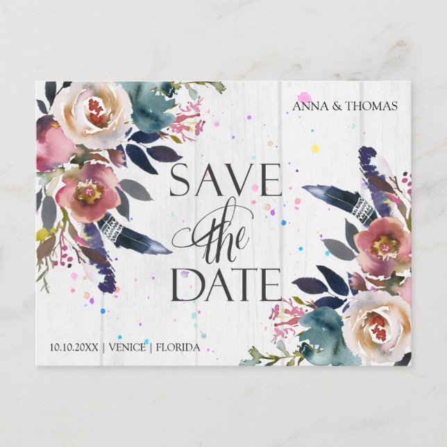 Postal De Anuncios Boda Salva Las Fechas | Boho Blue & Misty Rosa (Anverso)