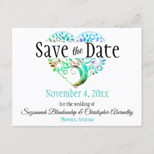 Postal De Anuncios Boda Salvar La Fecha Aqua Blue Tree Heart Personal
