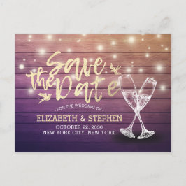 Postal De Anuncios Boda Salvar La Fecha Champán Gafas Luz De Madera