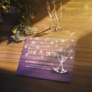 Postal De Anuncios Boda Salvar La Fecha Champán Gafas Luz De Madera