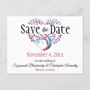 Postal De Anuncios Boda Salvar La Fecha El Corazón De Árbol Verde azu