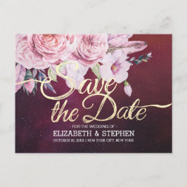 Postal De Anuncios Boda Salvar La Fecha Floral Feathers Burgundy Red