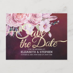 Postal De Anuncios Boda Salvar La Fecha Floral Feathers Burgundy Red