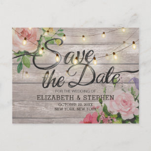Postal De Anuncios Boda Save Date Rustic Wood Floral String Lights