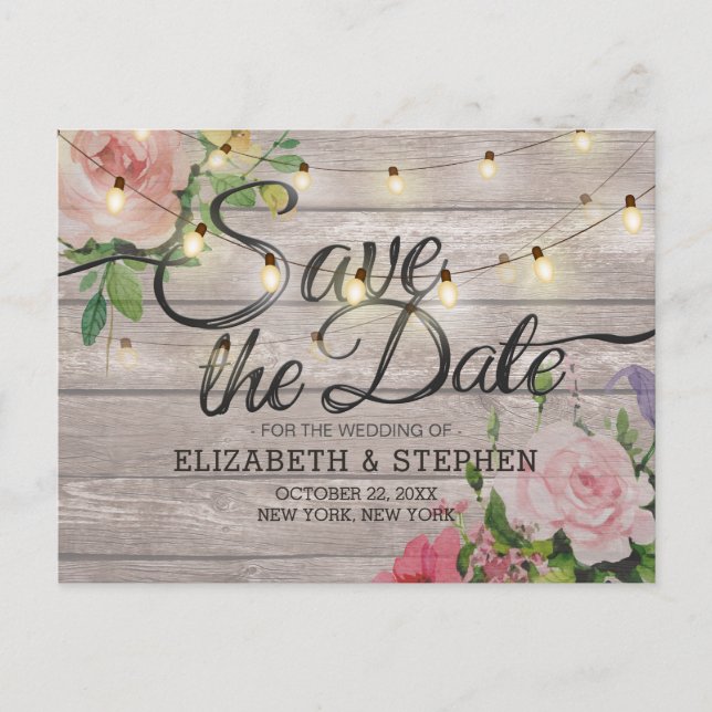Postal De Anuncios Boda Save Date Rustic Wood Floral String Lights (Anverso)