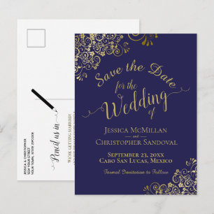 Postal De Anuncios Boda Save the Date Azul Marino Caligrafía en Oro