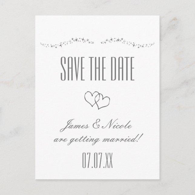 Postal De Anuncios Boda Silver Hearts & Sparkle Save Date Postcard (Anverso)