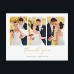 Postal De Anuncios Boda simple de Collage de fotos Gracias Postcard<br><div class="desc">Este sencillo boda de fotos de moda gracias a la plantilla de postcard presenta un diseño limpio y moderno y espacio para tres de sus fotos favoritas. Hemos escogido un guión moderno en un elegante tono dorado llamado Vegas Gold para "agradecerte" por delante y por detrás. Esta parte del diseño...</div>