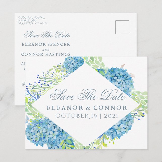 Postal De Anuncios Boda Sofisticada Hortensia Azul (Anverso / Reverso)