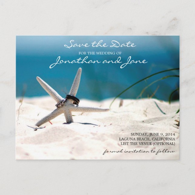 Postal De Anuncios Boda Starfish Beach Ocean Rings Guardar la fecha (Anverso)