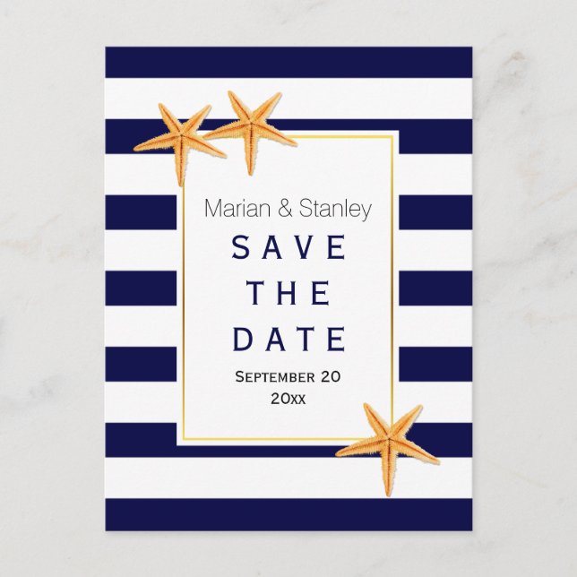 Postal De Anuncios Boda Starfish & stripes Beach Save the Date (Anverso)