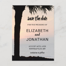 Postal De Anuncios Boda Sunset con Palm Tree Silhouette Beach Scene