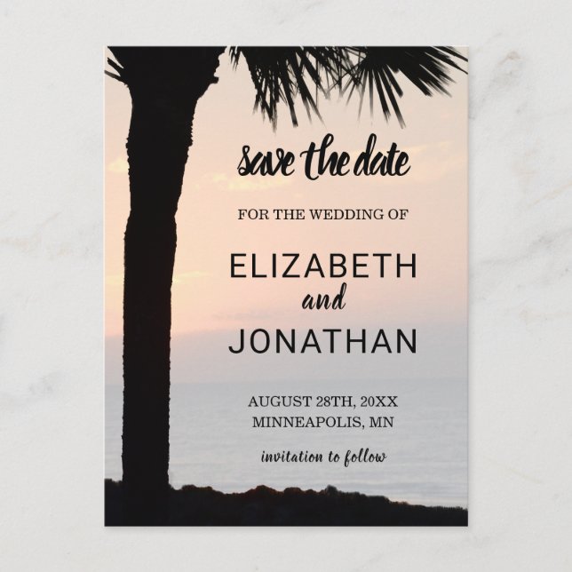 Postal De Anuncios Boda Sunset con Palm Tree Silhouette Beach Scene (Anverso)