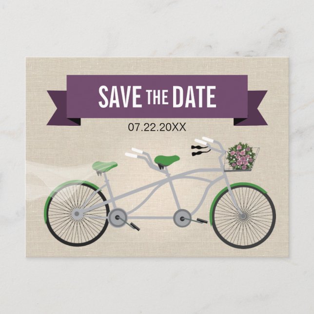Postal De Anuncios Boda Tandem Verde en bicicleta Salven la fecha 2 (Anverso)