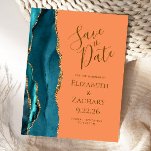 Postal De Anuncios Boda Tangerina de Agate de Oro verde azulada Salva