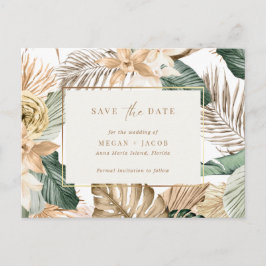 Postal De Anuncios Boda tropical de hojas de playa salva la fecha