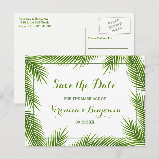 Postal De Anuncios Boda Tropical de Playa de Hojas de Palma Guardar l (Anverso / Reverso)