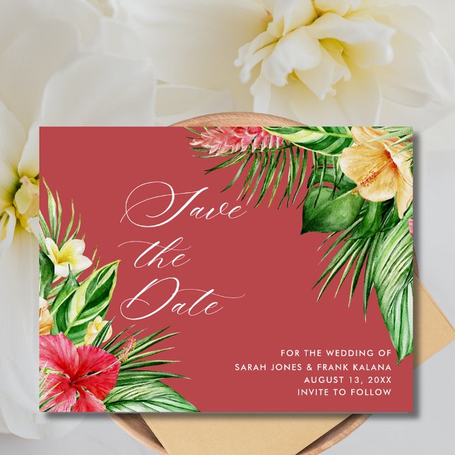 Postal De Anuncios Boda tropical de playa floral salva la fecha (Tropical Floral Beach Wedding Save the Date Postcard)
