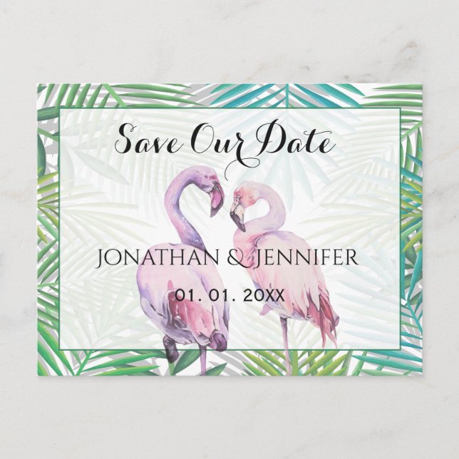 Postal De Anuncios Boda tropical Flamingo Salven la fecha (Anverso)