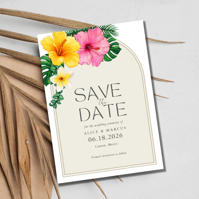 Postal De Anuncios Boda Tropical Floral Beach Ahorra La Fecha (Tropical Floral Beach Wedding Save the Date Postcard)