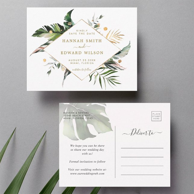 Postal De Anuncios Boda Tropical Foliage Gold Save The Date (Front & Back)