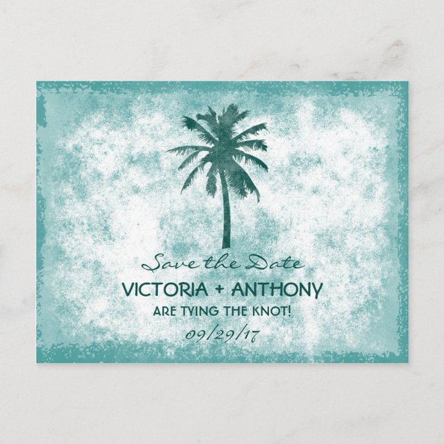 Postal De Anuncios Boda Tropical Palm Tree Beach Ahorra La Fecha (Anverso)