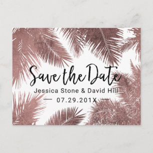 Postal De Anuncios Boda tropical Rosa Oro Palm Tree Guardar fecha