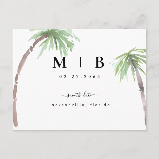 Postal De Anuncios Boda Tropical Simple de Iniciales. Save the Date  (Anverso)