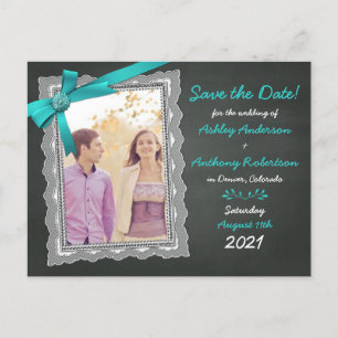 Postal De Anuncios Boda Verde azulada de Chalkboard con foto de vaca 