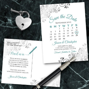 Postal De Anuncios Boda verde azulada, gris y blanca Guardar el calen