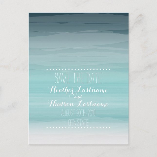 Postal De Anuncios Boda verde azulada Ombré Beach Save The Date (Anverso)