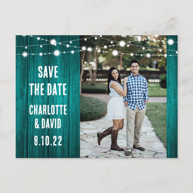 Postal De Anuncios Boda Verde azulada Rústica Salva La Foto De La Fec (Anverso)