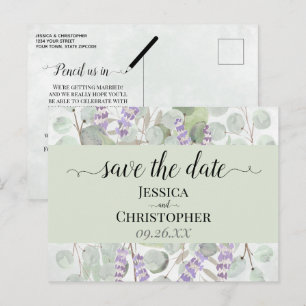 Postal De Anuncios Boda Verde de Lavanda y Eucalipto - Guardar la Fec