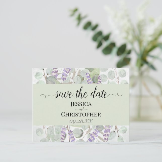 Postal De Anuncios Boda Verde de Lavanda y Eucalipto - Guardar la Fec (Anverso de pie)